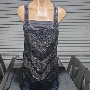 Express Blue Sequin Fitted Sleeveless Tank Top